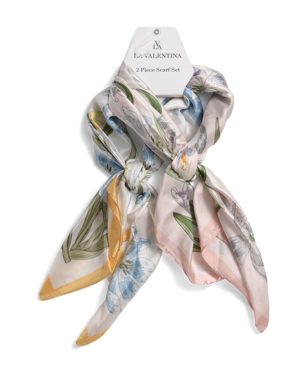 LA VALENTINA White Yellow Blue Green Pink Floral Neck Head Bandana Scarf Set x 2